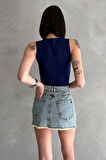 Taşlı Püsküllü Eskitme Mini Denim Etek