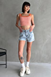 Beli Lastikli Pileli Duble Paça Denim Şort 