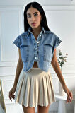 Kadın Crop Oversize Mavi Denim Yelek