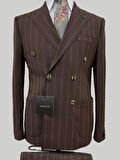 Hermose Kahverengi Çizgili Modern Fit Kruvaze Takım Elbise – Premium Collection