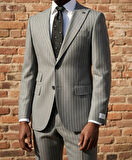 Gri Çizgili Modern Fit Erkek Ceket