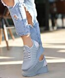 Kadın Bağcıklı Triko Dolgu Topuklu Sneaker-Füme