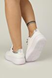 Bağcıklı Kadın Spor Ayakkabı-Beyaz-Gümüş