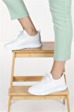 Kadın Bağcıkl Triko Spor Sneaker Ayakkabı-Beyaz