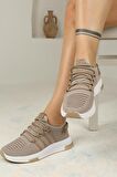 Kadın Bağcıklı Triko Spor Ayakkabı-Bej-Camel