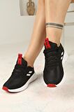 Kadın Bağcıklı Spor Sneaker-Siyah-Beyaz-Kırmızı
