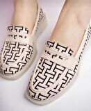 Kadın Loafer Günlük Eva Taban Casual Makosen Ayakkabı Bej Siyah Desenli