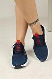 Bağcıklı Triko Kadın Spor Ayakkabı-Lacivert-Beyaz-Kırmızı