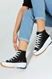 Bağcıklı Kadın Kalın Tabanlı Keten Spor Sneaker Ayakkabı-Siyah