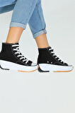 Bağcıklı Kadın Kalın Tabanlı Keten Spor Sneaker Ayakkabı-Siyah