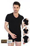 Erkek Elastanlı V Yaka Siyah T-shirt 0956 3'lü Ekonomik Paket