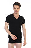 Erkek Elastanlı V Yaka Siyah T-shirt 956
