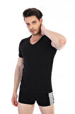 Erkek Elastanlı V Yaka Siyah T-shirt 956