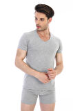 Erkek Elastanlı V Yaka Gri T-shirt 956