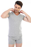 Erkek Elastanlı V Yaka Gri T-shirt 956
