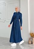 Camelya Denim Kot Kumaş Yakası Taş Detaylı Uzun Tesettür Elbise