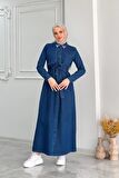 Camelya Denim Kot Kumaş Yakası Taş Detaylı Uzun Tesettür Elbise