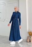 Camelya Denim Kot Kumaş Yakası Taş Detaylı Uzun Tesettür Elbise