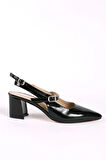 Kadın Hakiki Deri Arkası Açık Topuklu Ayakkabı Siyah Rugan