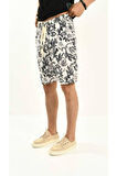 Siyah Çiçek Desenli Keten Şort