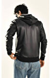 Siyah Kapüşonlu Fermuarlı Deri Ceket