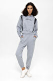 Gri Fermuar Detaylı Kapüşonlu Ribana Paça Eşofman Takımı