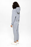 Gri Fermuar Detaylı Kapüşonlu Ribana Paça Eşofman Takımı