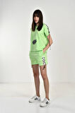 Yeşil Cool Baskı Bağcık Detaylı Kapüşonlu Şortlu Takım