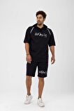 Siyah Music Baskı Detay Kapüşonlu Oversize Şortlu Takım