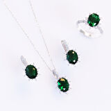 Zümrüt Taşlı Elips Lotus Çiçeği Gümüş Set