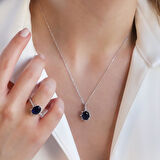 Safir Taşlı Elips Lotus Çiçeği Gümüş Set