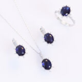 Safir Taşlı Elips Lotus Çiçeği Gümüş Set