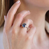 Tanzanit Taşlı Kare Lotus Çiçeği Gümüş Yüzük