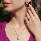Oval Kesim Tek Taş Model Rose Gold Kaplama 925 Ayar Gümüş Sky Diamond Set