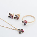 Renkli Swarovski Taşlı Oval Minimal Gümüş Set