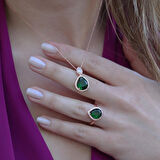 Kök Zümrüt Taşlı Rose Gold Kaplama Damla Gümüş Takım