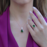 Kök Zümrüt Taşlı Rose Gold Kaplama Damla Gümüş Takım