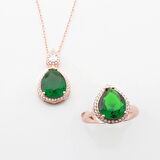 Kök Zümrüt Taşlı Rose Gold Kaplama Damla Gümüş Takım
