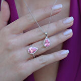 Pembe Zirkon Taşlı Damla Modeli Gümüş Takım