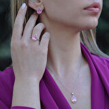 Pembe Zirkon Taşlı Damla Modeli Gümüş Takım