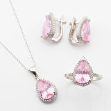Pembe Zirkon Taşlı Damla Modeli Gümüş Takım