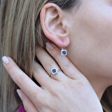 Kök Safir Taşlı Kare Montür Gümüş Takım