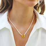 Kalp Gold Kaplama Gümüş İnci Kolye