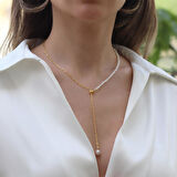 İncili Asansörlü Gold Gümüş Trend Kolye