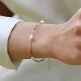 Doğaltaş Renkli İncili Gümüş Bileklik