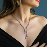 Damla Başak Modeli Yeşil Zirkon Taşlı Sarkıt Gümüş Set 