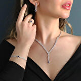 Damla Başak Modeli Safir Taşlı Gümüş Set 