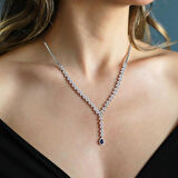 Damla Başak Modeli Safir Taşlı Gümüş Set 