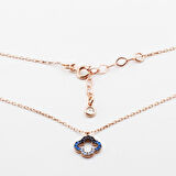 Mini Yonca Figürlü Rose Gold Kaplama Mavi Zirkon Taşlı Gümüş Kolye