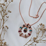 Yuvarlak Çerçeveli Damla Modeli Renkli Zirkon Taşlı Rose Gold Kaplama Gümüş Kolye
